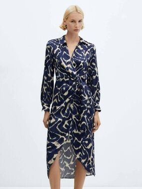 MANGO Blue & Cream Twist Front Print Long Sleeve Shirtdress Womens Size 6 NEW